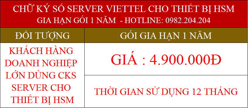 Gia hạn chữ ký số Server Viettel cấp cho thiết bị HSM gói 1 năm