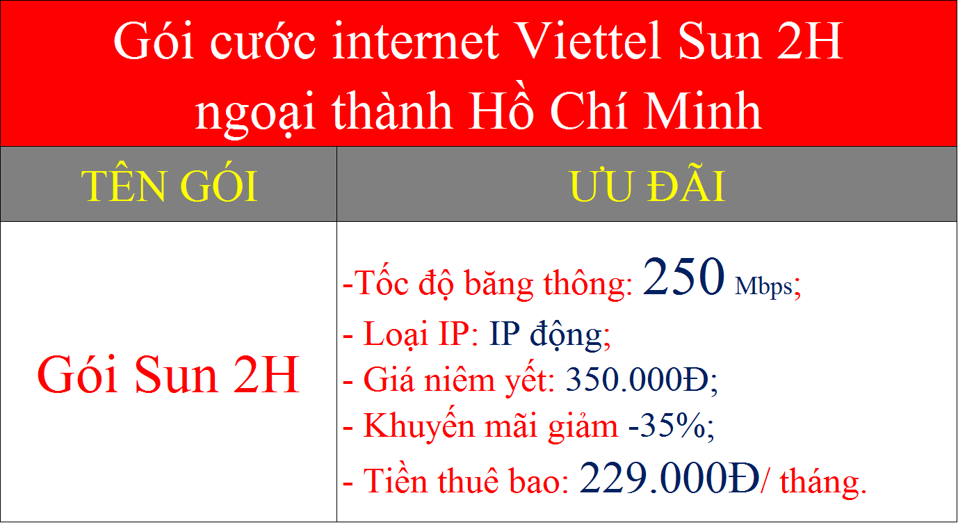 Gói cước internet Viettel Sun 2H ngoại thành Hồ Chí Minh
