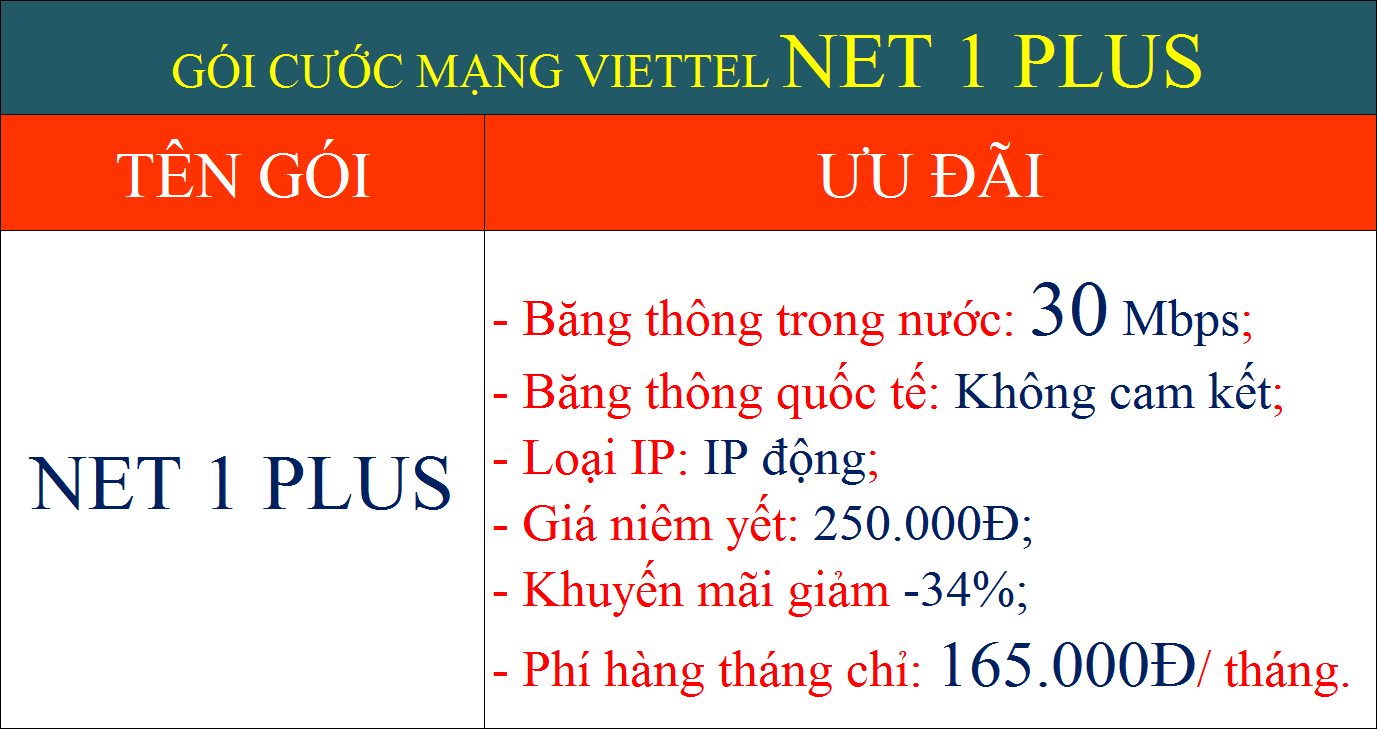 Gói cước mạng Viettel Net 1 Plus
